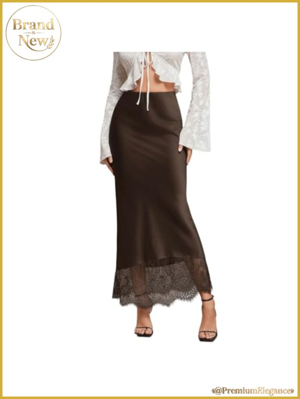 Y2K Lace Trim Satin Maxi Skirt High Waist Flowy A-Line